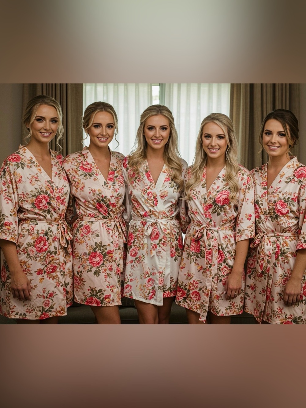 Floral Satin Bride and Bridesmaid Robes-  White & Pink Rose Print